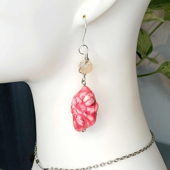 Large Boho Style Howlite Dangle Earrings, Neon Pink, Boho Chic, Statement - Picture 1 of 7